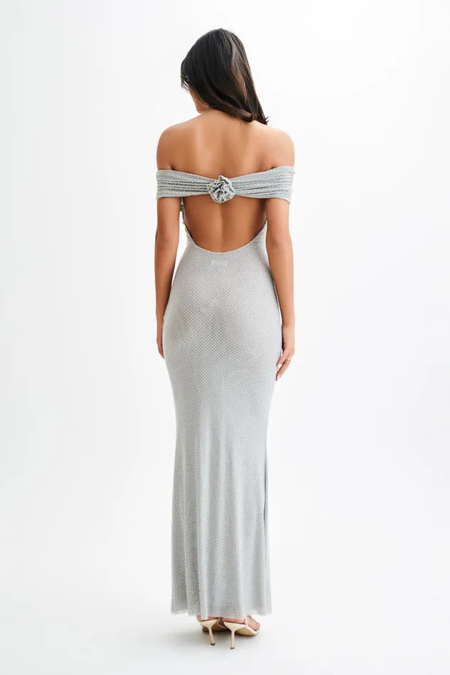 Women Meshki Dresses Arna Off Shoulder Diamante Maxi Dress 8211 Silver