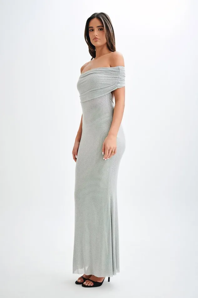 Women Meshki Dresses Arna Off Shoulder Diamante Maxi Dress 8211 Silver