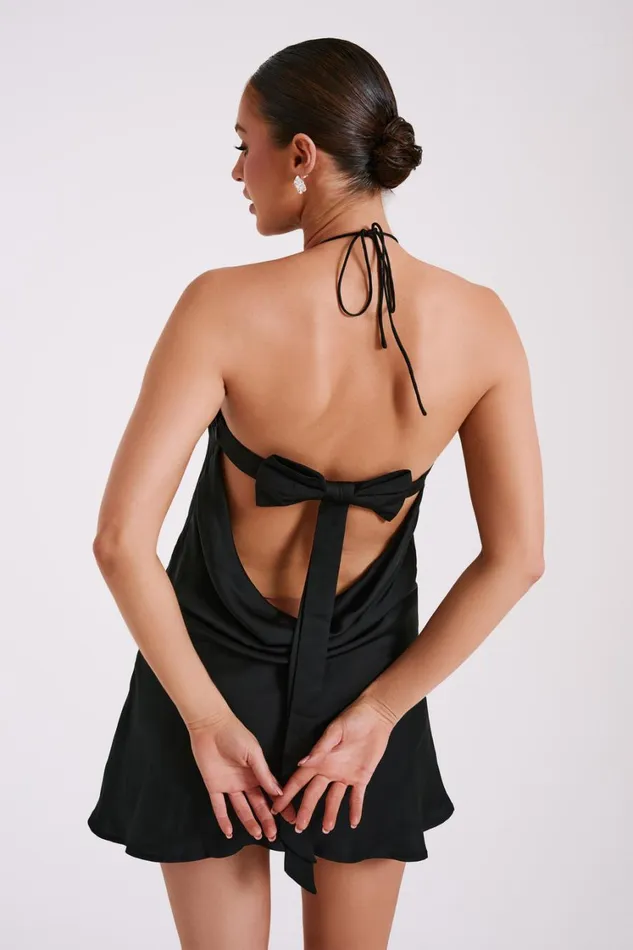 Women Meshki Dresses Atlas Satin Bow Mini Dress 8211 Black