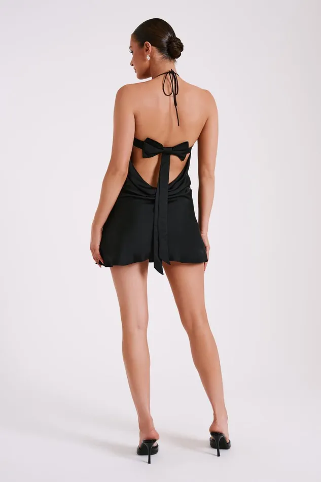 Women Meshki Dresses Atlas Satin Bow Mini Dress 8211 Black