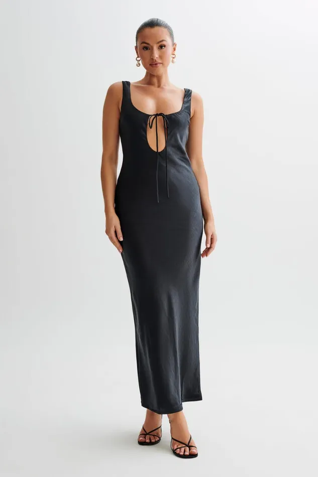 Women Meshki Dresses Aubrie Keyhole Satin Maxi Dress 8211 Black