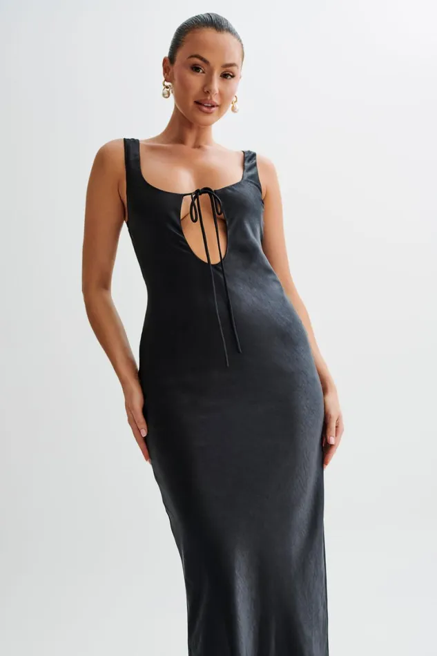 Women Meshki Dresses Aubrie Keyhole Satin Maxi Dress 8211 Black