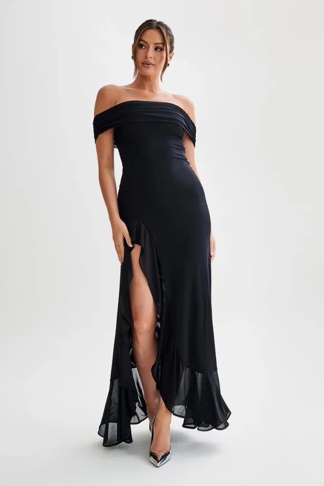 Women Meshki Dresses Audrey Off Shoulder Mesh Maxi Dress 8211 Black