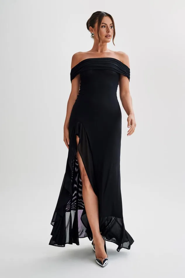 Women Meshki Dresses Audrey Off Shoulder Mesh Maxi Dress 8211 Black