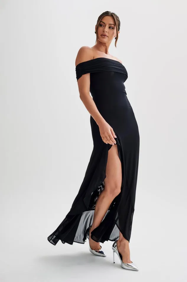 Women Meshki Dresses Audrey Off Shoulder Mesh Maxi Dress 8211 Black