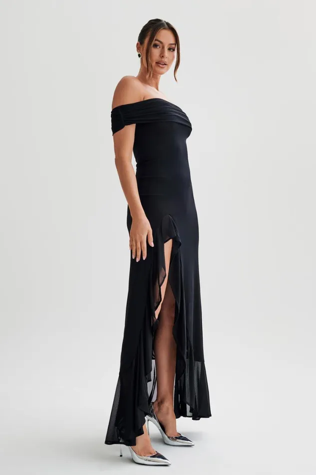 Women Meshki Dresses Audrey Off Shoulder Mesh Maxi Dress 8211 Black