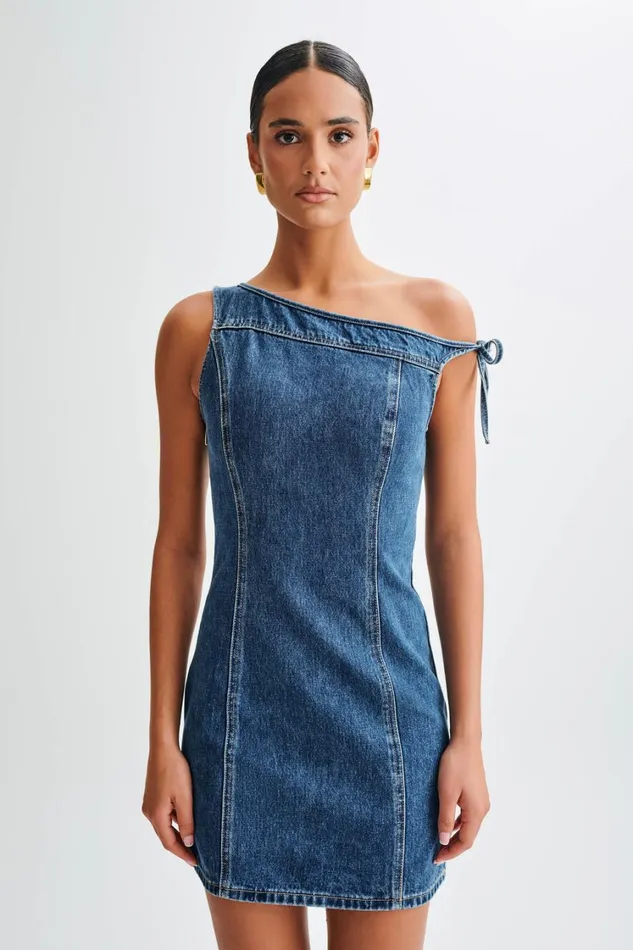 Women Meshki Dresses Baker Off Shoulder Denim Mini Dress 8211 Dark Blue