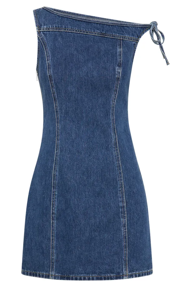 Women Meshki Dresses Baker Off Shoulder Denim Mini Dress 8211 Dark Blue