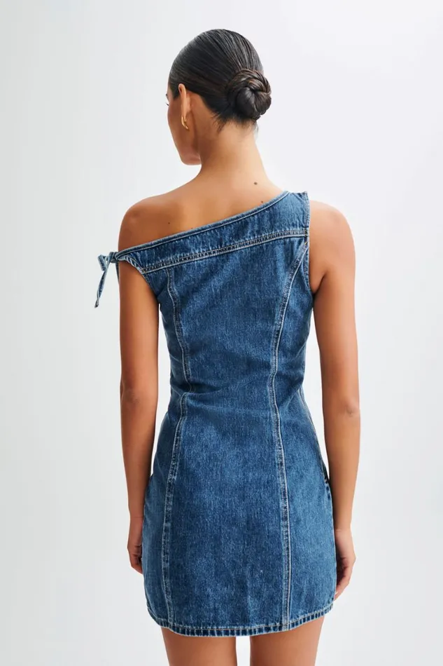 Women Meshki Dresses Baker Off Shoulder Denim Mini Dress 8211 Dark Blue