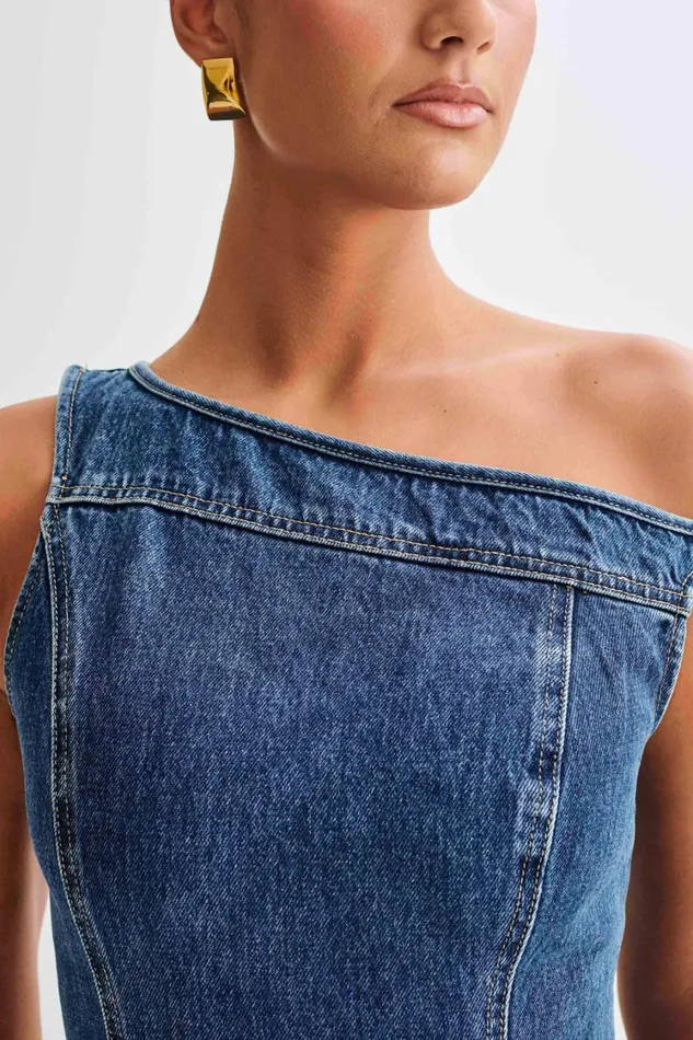 Women Meshki Dresses Baker Off Shoulder Denim Mini Dress 8211 Dark Blue