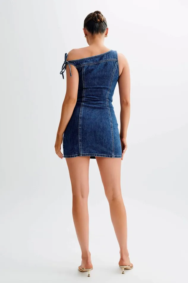 Women Meshki Dresses Baker Off Shoulder Denim Mini Dress 8211 Dark Blue