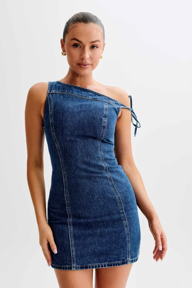Women Meshki Dresses Baker Off Shoulder Denim Mini Dress 8211 Dark Blue