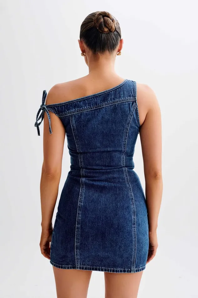 Women Meshki Dresses Baker Off Shoulder Denim Mini Dress 8211 Dark Blue