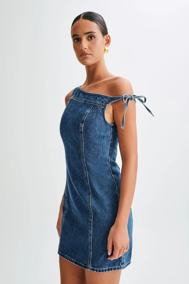 Women Meshki Dresses Baker Off Shoulder Denim Mini Dress 8211 Dark Blue