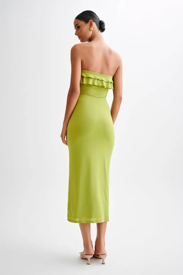 Women Meshki Dresses Bea Strapless Slinky Ruffle Midi Dress 8211 Apple