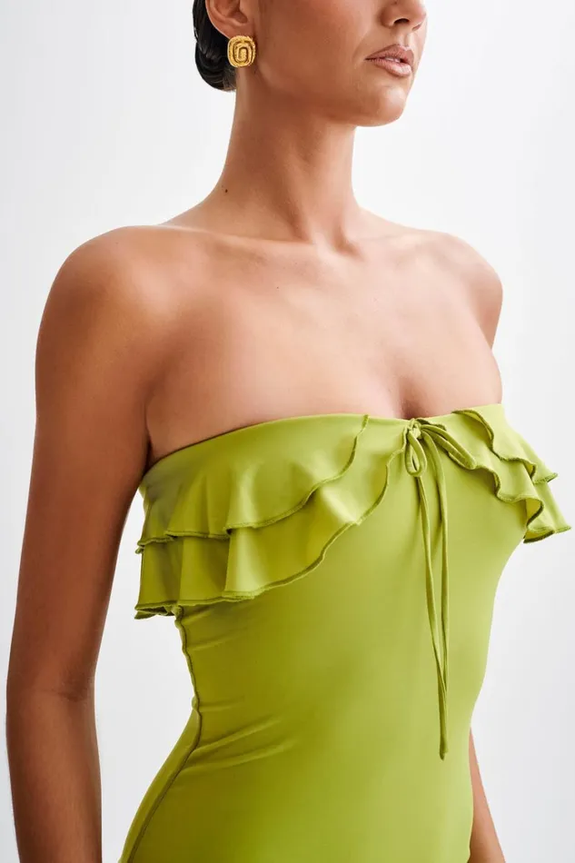 Women Meshki Dresses Bea Strapless Slinky Ruffle Midi Dress 8211 Apple