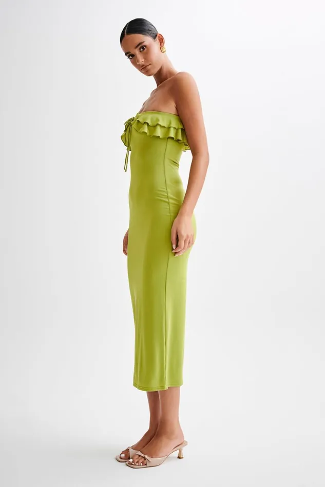 Women Meshki Dresses Bea Strapless Slinky Ruffle Midi Dress 8211 Apple