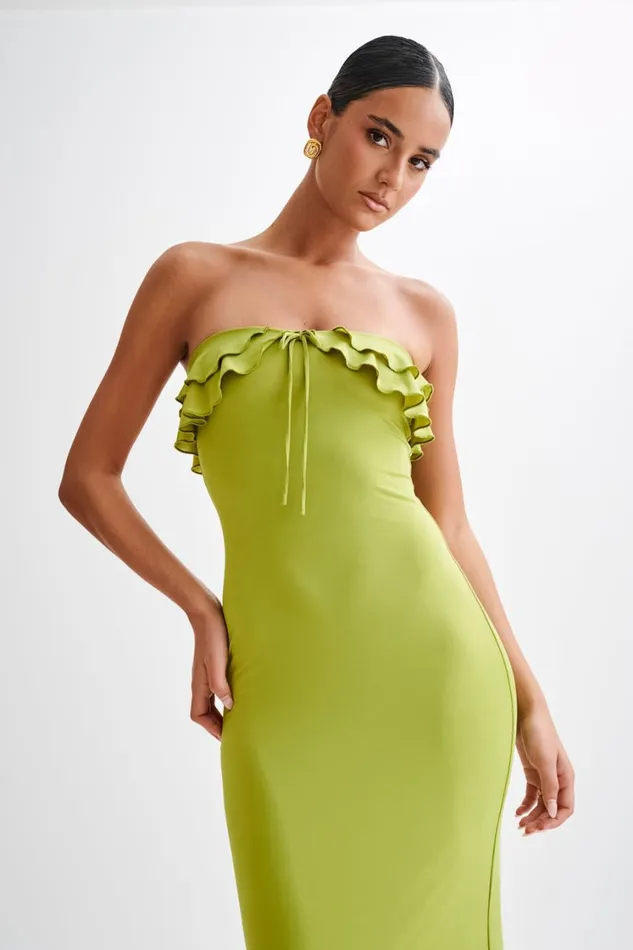Women Meshki Dresses Bea Strapless Slinky Ruffle Midi Dress 8211 Apple