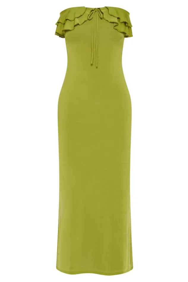 Women Meshki Dresses Bea Strapless Slinky Ruffle Midi Dress 8211 Apple