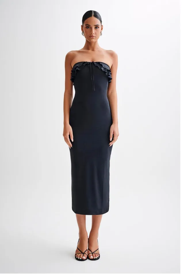 Women Meshki Dresses Bea Strapless Slinky Ruffle Midi Dress 8211 Black
