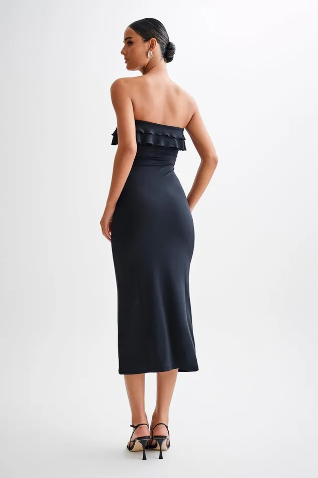Women Meshki Dresses Bea Strapless Slinky Ruffle Midi Dress 8211 Black