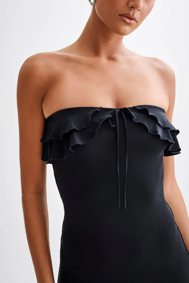 Women Meshki Dresses Bea Strapless Slinky Ruffle Midi Dress 8211 Black