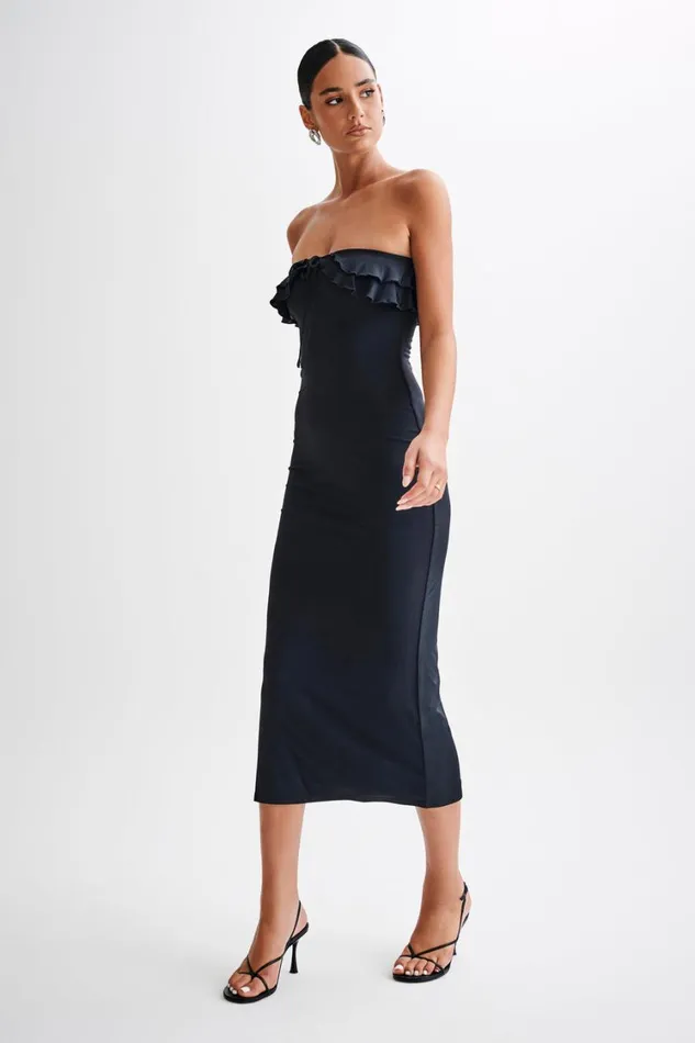 Women Meshki Dresses Bea Strapless Slinky Ruffle Midi Dress 8211 Black
