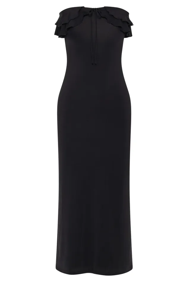Women Meshki Dresses Bea Strapless Slinky Ruffle Midi Dress 8211 Black