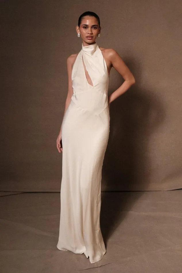 Women Meshki Dresses Belladonna Satin Halter Maxi Dress 8211 Ivory