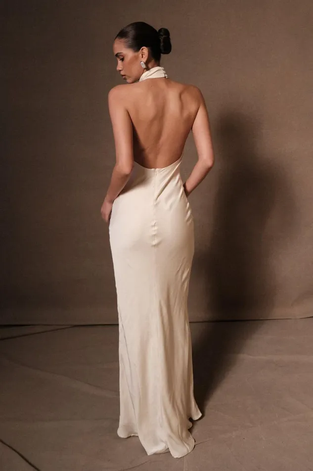 Women Meshki Dresses Belladonna Satin Halter Maxi Dress 8211 Ivory