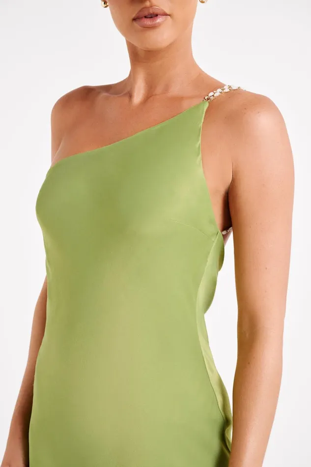 Women Meshki Dresses Berina One Shoulder Mini Dress With Pearl Trim 8211 Parakeet Green