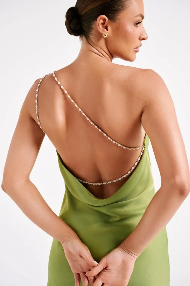 Women Meshki Dresses Berina One Shoulder Mini Dress With Pearl Trim 8211 Parakeet Green