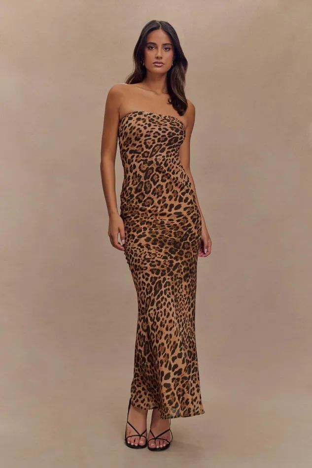 Women Meshki Dresses Breanna Strapless Chiffon Maxi Dress 8211 Leopard Print