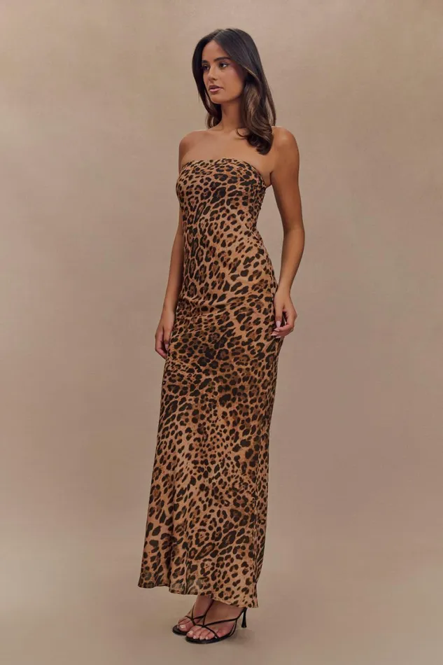 Women Meshki Dresses Breanna Strapless Chiffon Maxi Dress 8211 Leopard Print
