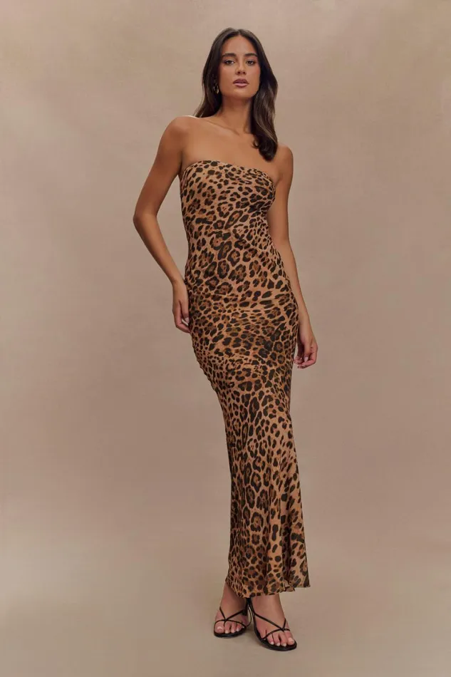 Women Meshki Dresses Breanna Strapless Chiffon Maxi Dress 8211 Leopard Print