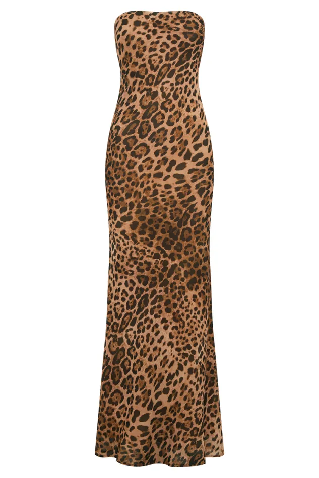 Women Meshki Dresses Breanna Strapless Chiffon Maxi Dress 8211 Leopard Print