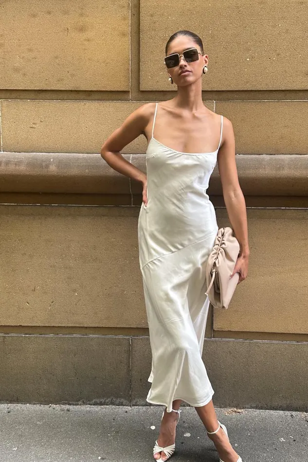 Women Meshki Dresses Brynlee Low Back Satin Maxi Dress 8211 Sand