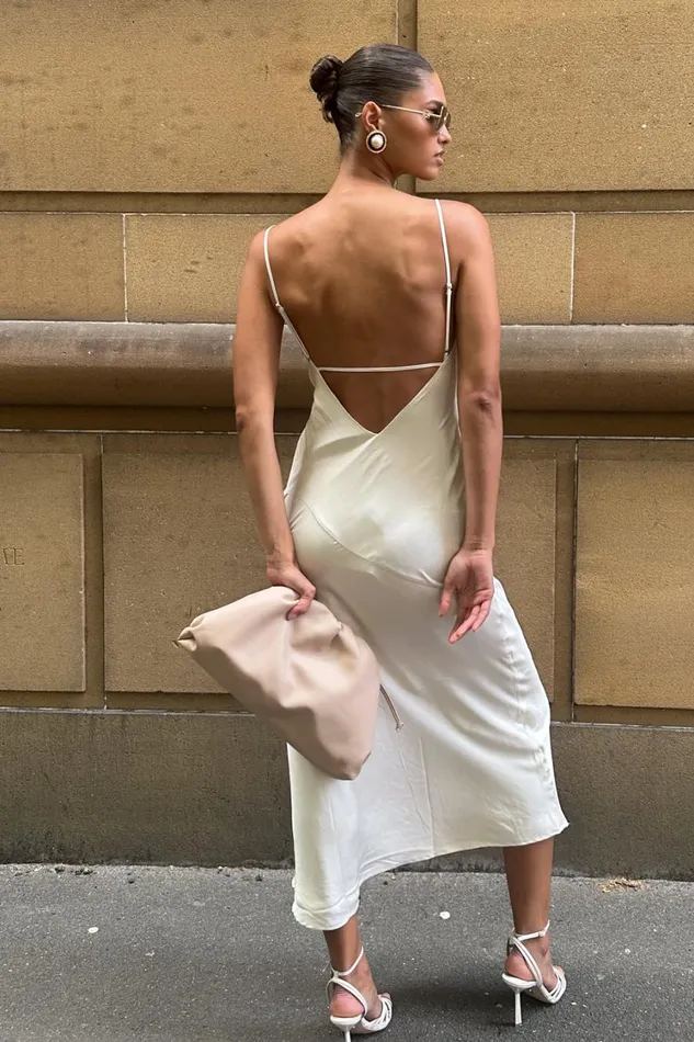 Women Meshki Dresses Brynlee Low Back Satin Maxi Dress 8211 Sand