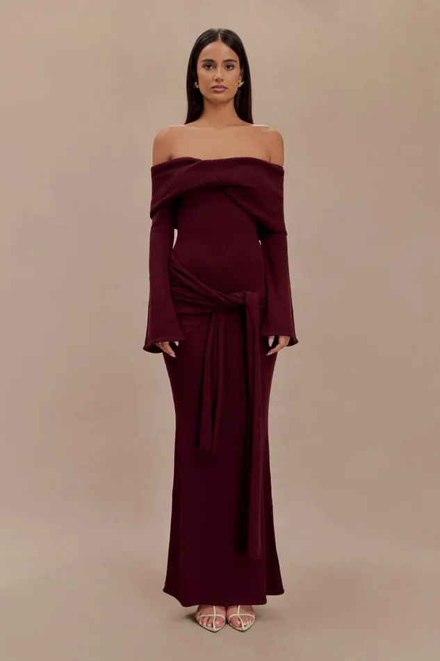 Women Meshki Dresses Cameron Off Shoulder Tie Maxi Dress 8211 Merlot