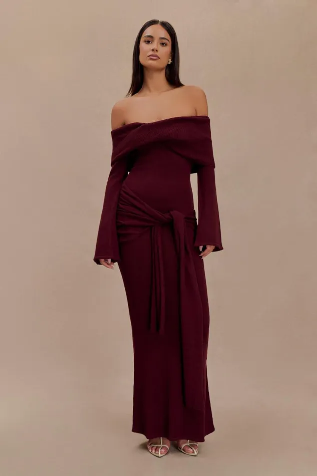 Women Meshki Dresses Cameron Off Shoulder Tie Maxi Dress 8211 Merlot