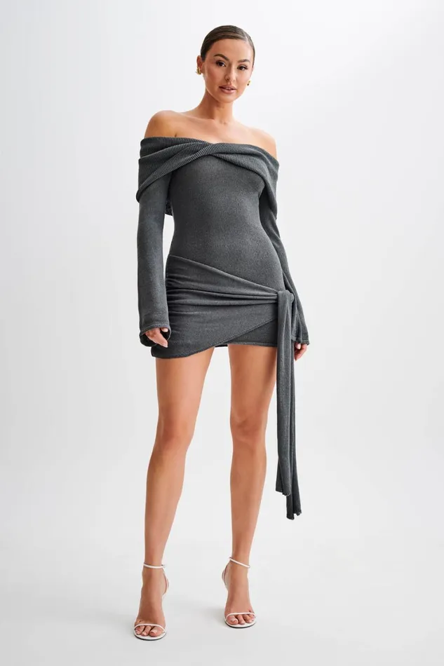 Women Meshki Dresses Camryn Off Shoulder Tie Knit Mini Dress 8211 Charcoal
