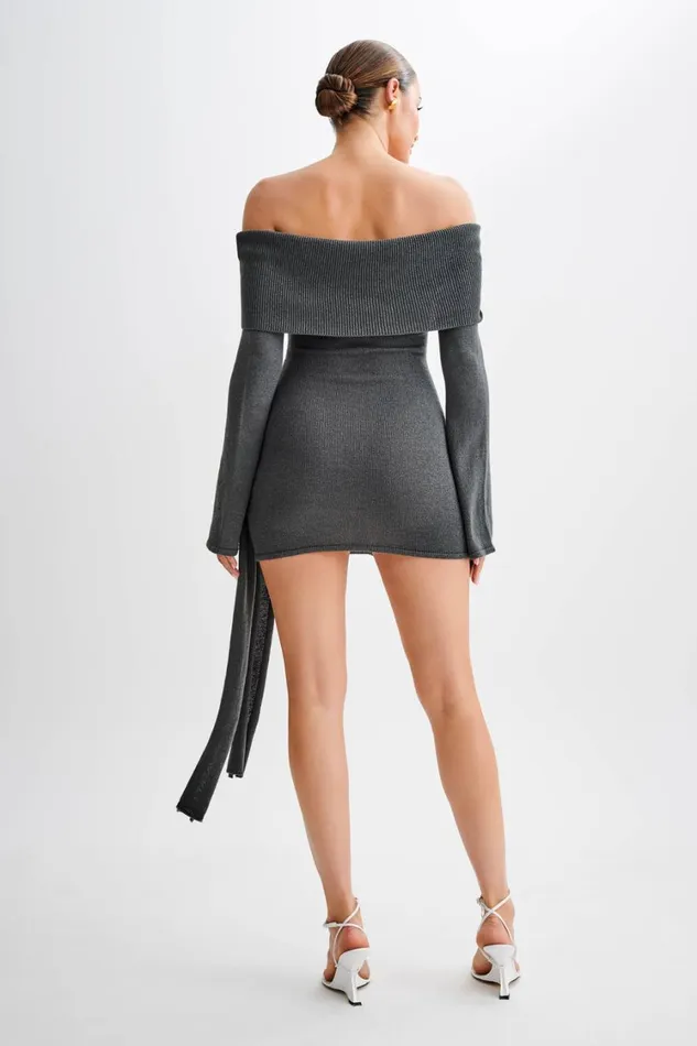 Women Meshki Dresses Camryn Off Shoulder Tie Knit Mini Dress 8211 Charcoal