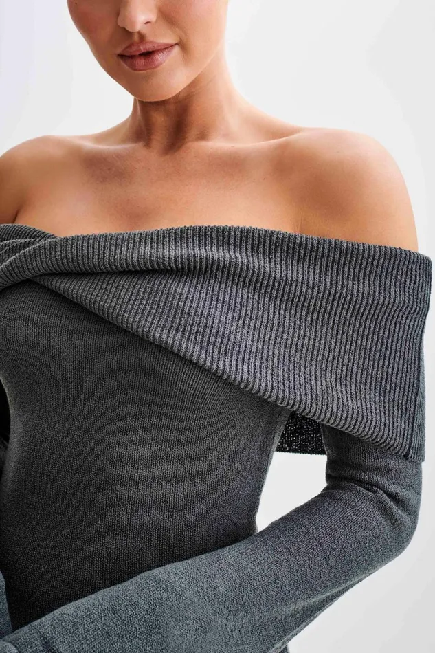 Women Meshki Dresses Camryn Off Shoulder Tie Knit Mini Dress 8211 Charcoal