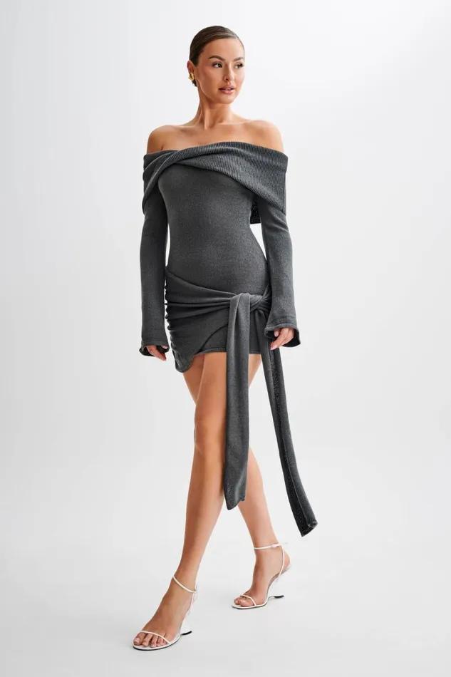 Women Meshki Dresses Camryn Off Shoulder Tie Knit Mini Dress 8211 Charcoal