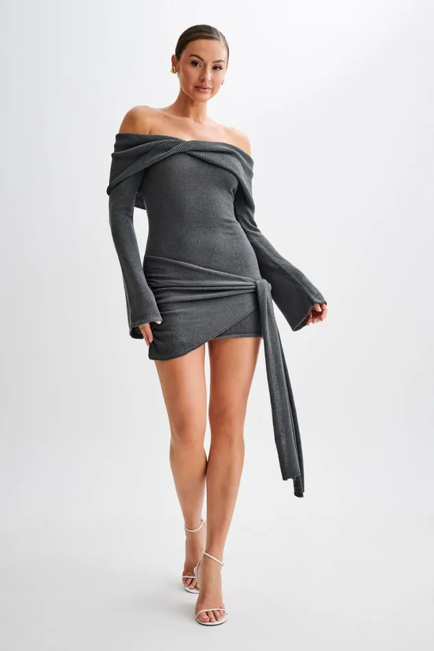 Women Meshki Dresses Camryn Off Shoulder Tie Knit Mini Dress 8211 Charcoal