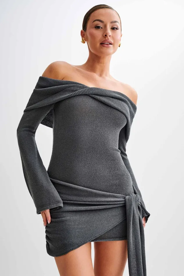 Women Meshki Dresses Camryn Off Shoulder Tie Knit Mini Dress 8211 Charcoal