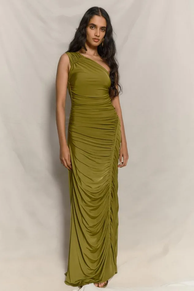 Women Meshki Dresses Capri Gathered Slinky Maxi Dress 8211 Vintage Olive