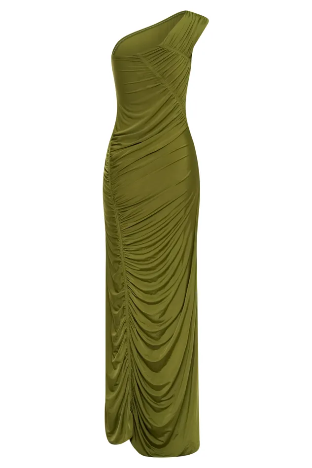 Women Meshki Dresses Capri Gathered Slinky Maxi Dress 8211 Vintage Olive