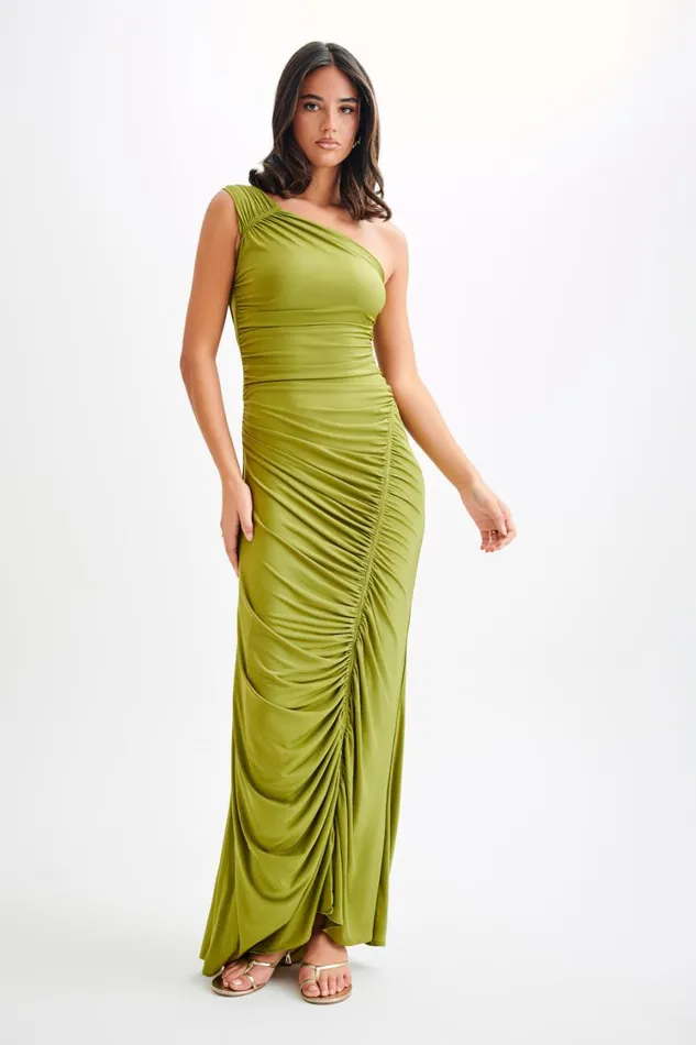 Women Meshki Dresses Capri Gathered Slinky Maxi Dress 8211 Vintage Olive