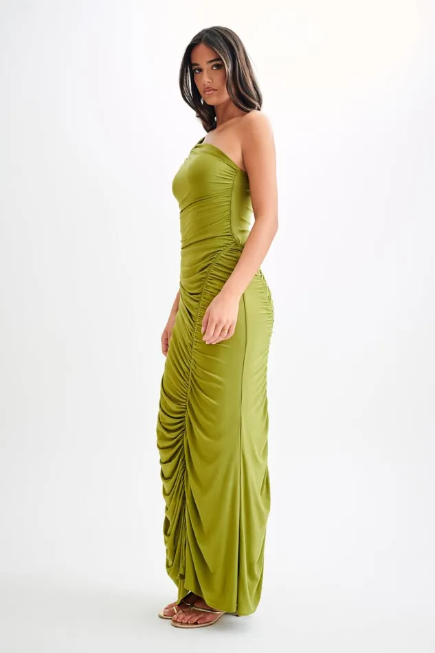 Women Meshki Dresses Capri Gathered Slinky Maxi Dress 8211 Vintage Olive